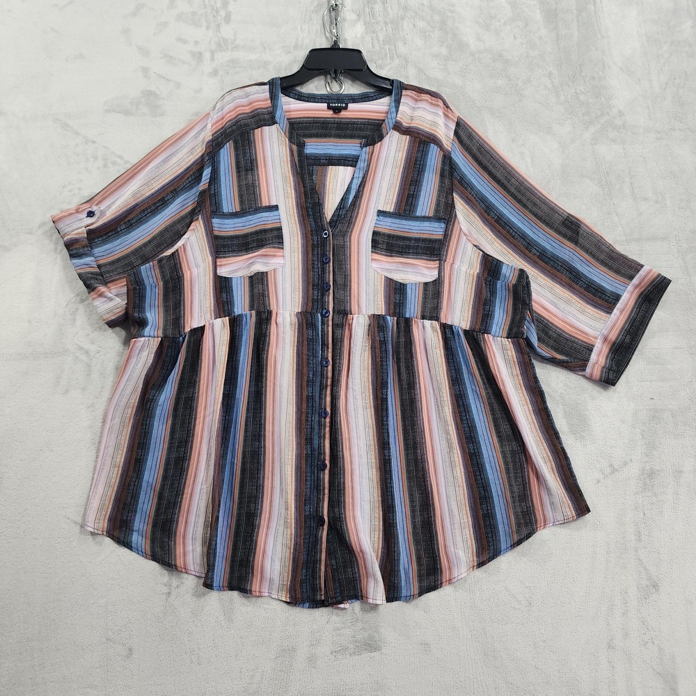 Torrid Top Womens 5/5X Multicolor Striped Button Front Tunic 3/4 Sleeve Sheer